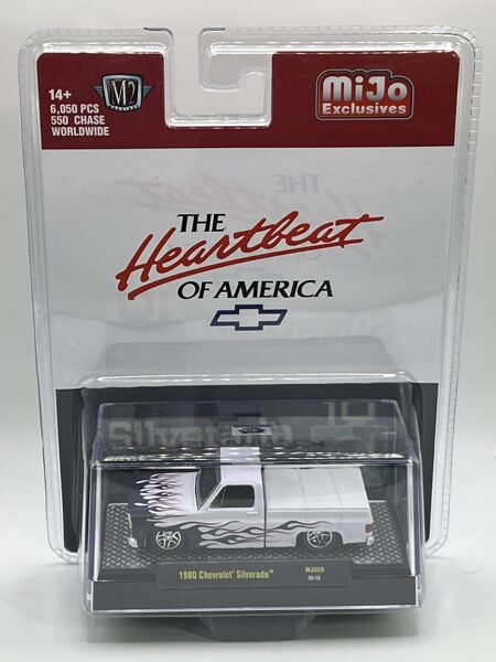 1/64 Mijo Exclusives 1980 Chevrolet Silverado pick-up , white/ blue flames