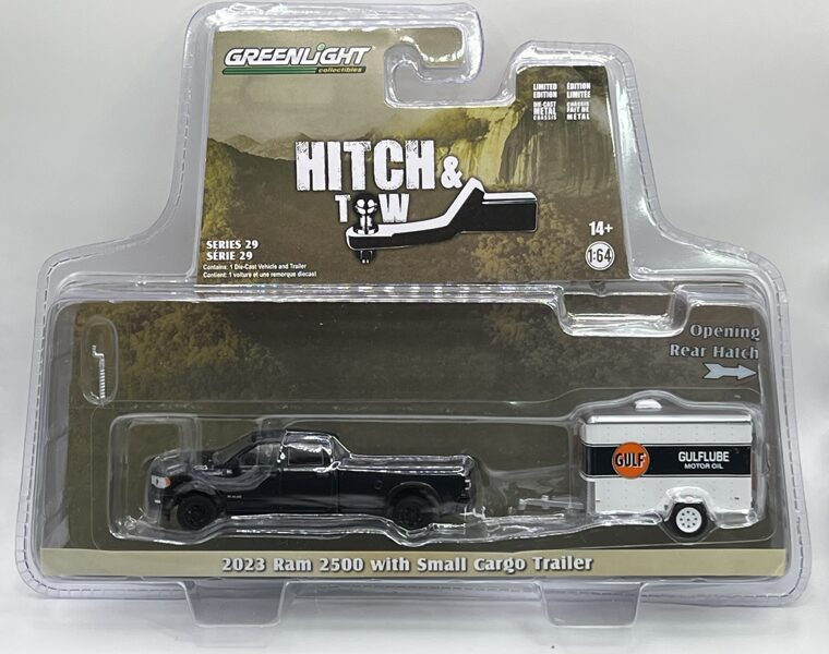 1/64 2023 Dodge Ram 2500 with Small Cargo Trailer ( Gulf ) , black